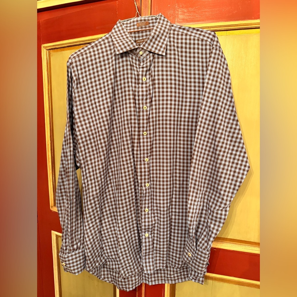 Peter Millar Button Down. Blue/Brown check. 100% Cotton. XL. Like new